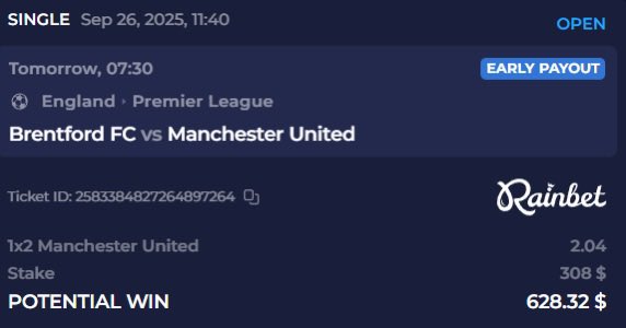 After beating Chelsea, Manchester United will definitely build on that performance and also beat Brentford away from home

They have disrespected Manchester United by giving them 2 odds. Perfect way to double your money this weekend 

Bet on rainbet🤝