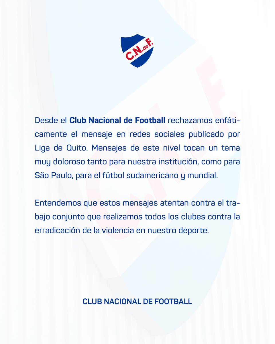 Ayer, tras el partido ante São Paulo, Liga de Quito publicó una cargada a los brasileños con la frase: “Definitivamente, el Morumbí sí te mata”.

Tras ello, Nacional de Uruguay respondió con un comunicado en el que repudió el mensaje: “Expresiones de este nivel tocan un tema muy