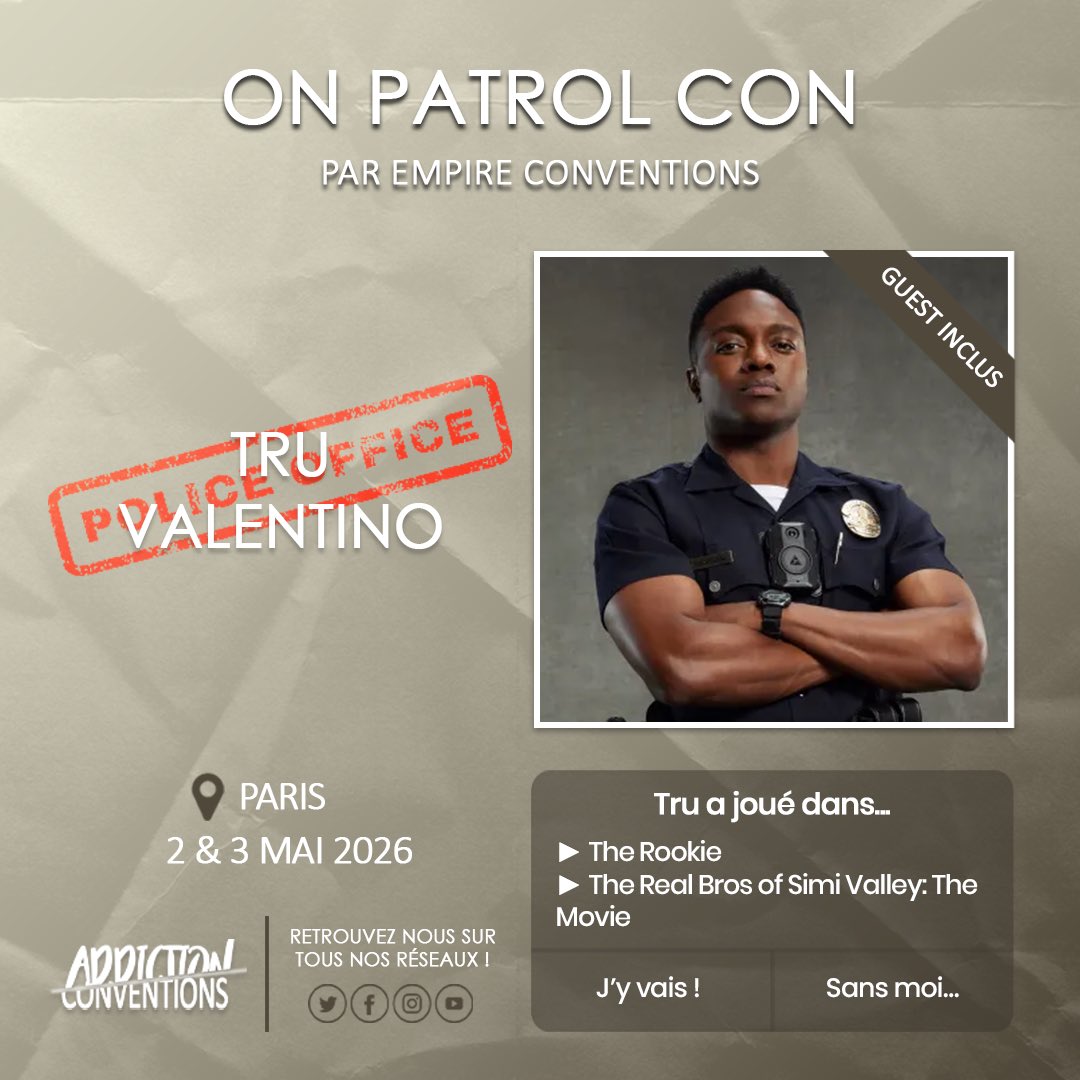 AddictionConv's tweet image. Tru Valentino sera à la #OPC d’@EmpireConv. #TheRookie
🎟️ :  billetweb.fr/onpatrolcon