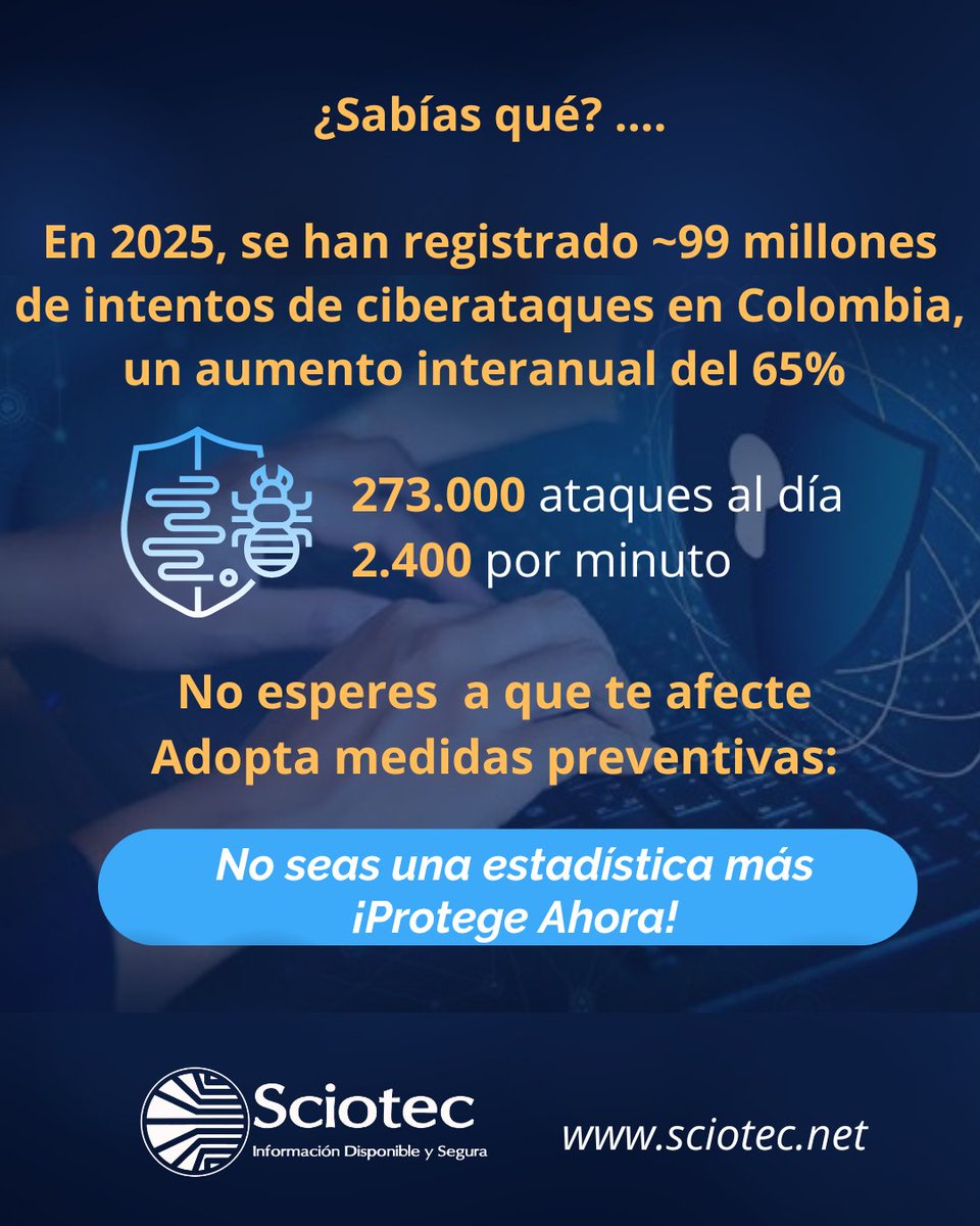 🚨 En Colombia se registran ~99 millones de ciberataques al año. 
No esperes a ser víctima, refuerza tu seguridad hoy.
¡Protege tu empresa ya! 🔐 

#Ciberseguridad #PrevenciónDigital #sciotec #seguridadinformática