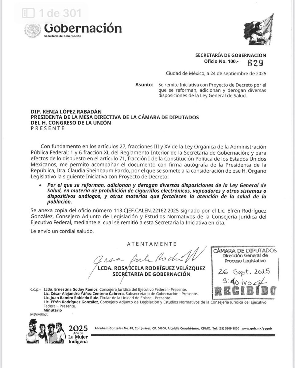Recibimos de la presidenta <a href="/Claudiashein/">Claudia Sheinbaum Pardo</a>, “Iniciativa con proyecto decreto por el que se reforman, adicionan y derogan diversas disposiciones de la Ley General de Salud, en materia de prohibición de cigarrillos electrónicos, vapeadores y otros sistemas o dispositivos análogos, y