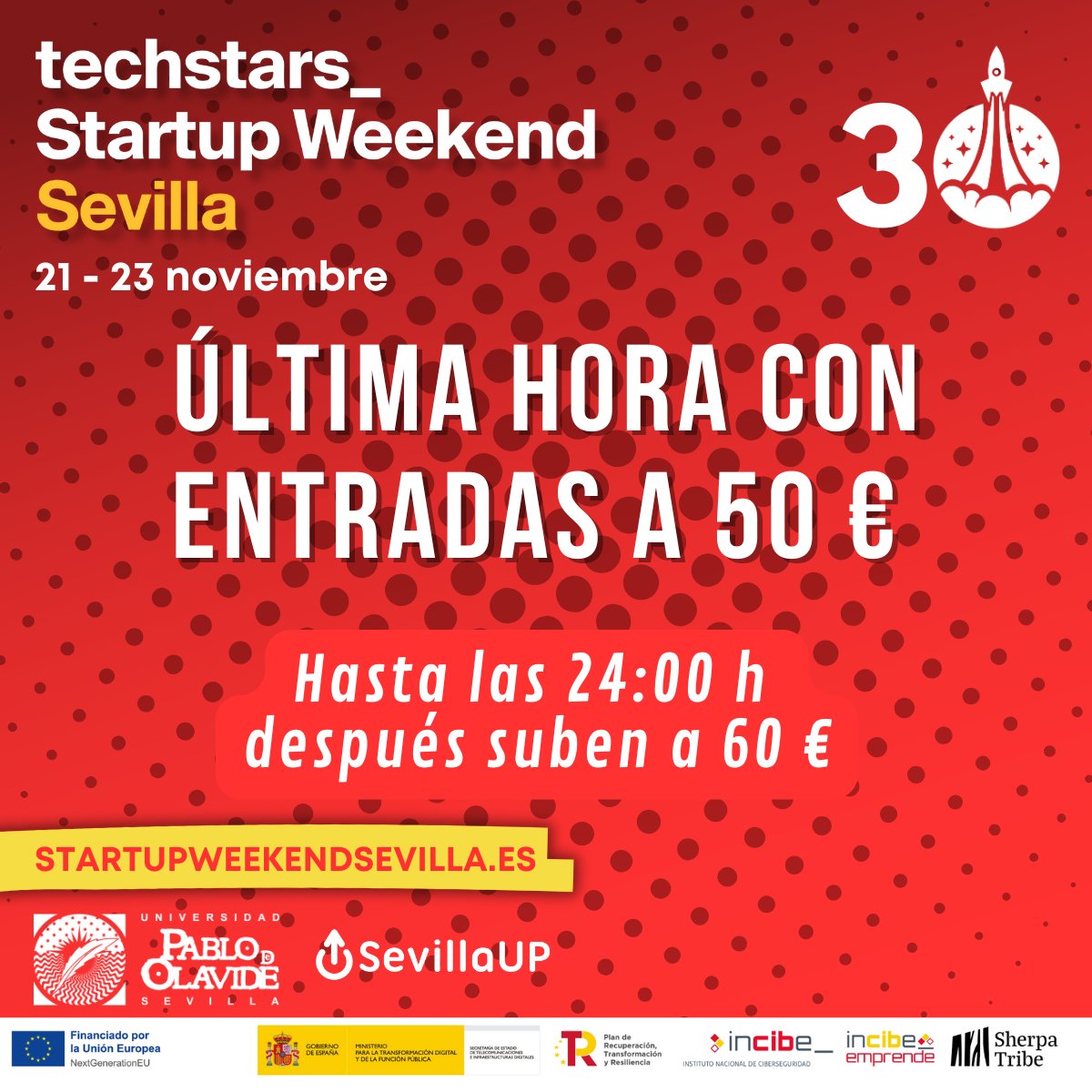 🔥 Última hora en Crazy Early Bird: 
✅ Entradas a 50 € hasta las 24:00 h
❌ Después, 60 €

🎟 Última llamada: startupweekendsevilla.es