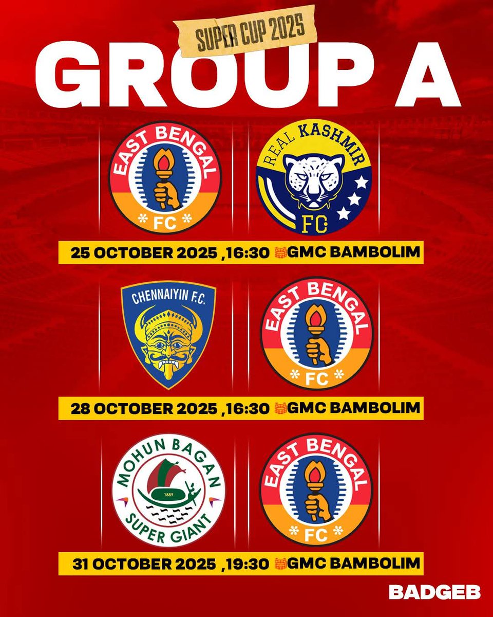 Mark Your Calendar 🗓️ 

SUPER CUP FIXTURES 👇

Let's face them together 💪

#BadgebOfficial #SuperCupFixture #JoyEastBengal ❤️💛