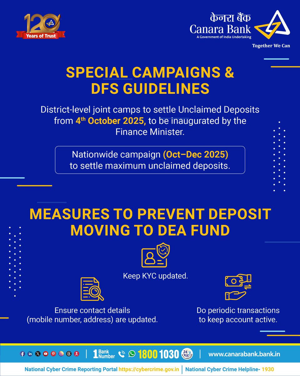 canarabank's tweet image. Unclaimed deposits after 10 years go to the DEA Fund. Check on RBI’s UDGAM portal or bank’s website and claim with the required documents. Keep your account active, KYC and contact details updated to avoid unclaimed deposits.

@RBI
@DFS_India

#DEA #DepositorAwareness #CanaraBank…