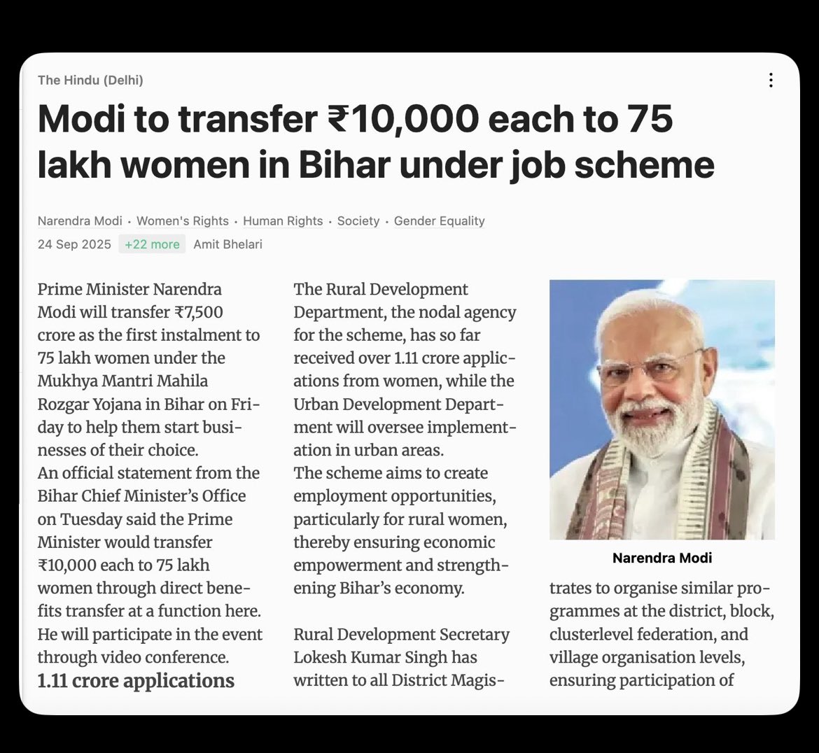 imsonukashyap's tweet image. If this was truly for empowerment, why not roll it out nationally? Why only Bihar, and why only before elections?

#BiharElections2025
