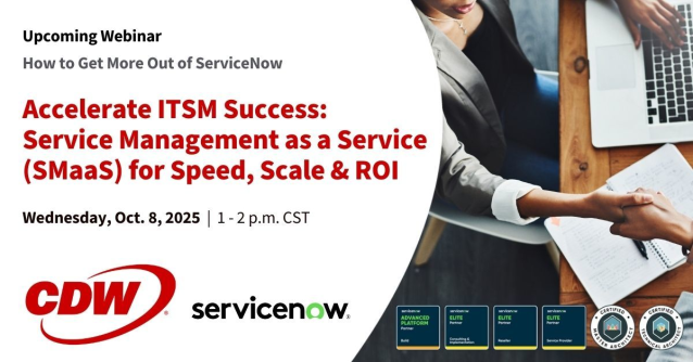 ckarr2018's tweet photo. Service Management as a Service can transform IT capabilities with rapid onboarding, scalable governance &amp; measurable ROI. Join @CDWCorp &amp; @ServiceNow virtually 10/8 to learn why #SMaaS is a game-changer for orgs looking to focus on strategy > maintenance! https://t.co/2UX85GhbGW https://t.co/lr0VvZEQ9L
