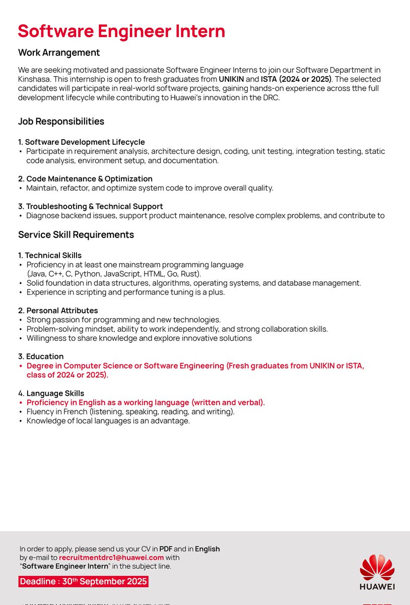 Huawei recherche ses futurs talents !
🚀 Poste : 𝗦𝘁𝗮𝗴𝗶𝗮𝗶𝗿𝗲 𝗜𝗻𝗴𝗲́𝗻𝗶𝗲𝘂𝗿 𝗟𝗼𝗴𝗶𝗰𝗶𝗲𝗹  
📍 Kinshasa  
🎓 Diplômés UNIKIN/ISTA (2024–2025)  
💻 Maîtrise d’un langage comme Java, Python, C++, JS…  
📅 Postulez avant le 30 sept. 2025  
📩 CV (PDF) à :