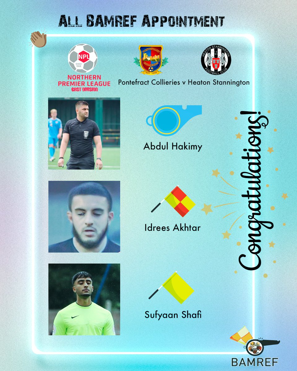 👏 A historic moment!

An all-BAMREF officiating team will take charge of Pontefract Collieries v Heaton Stannington in the <a href="/NorthernPremLge/">The Pitching In Northern Premier League</a>.

Referee: Abdul Hakimy
Assistants: Idrees Akhtar &amp; Sufyaan Shafi

A welcome rarity in English football. 🌍
Diversity matters.