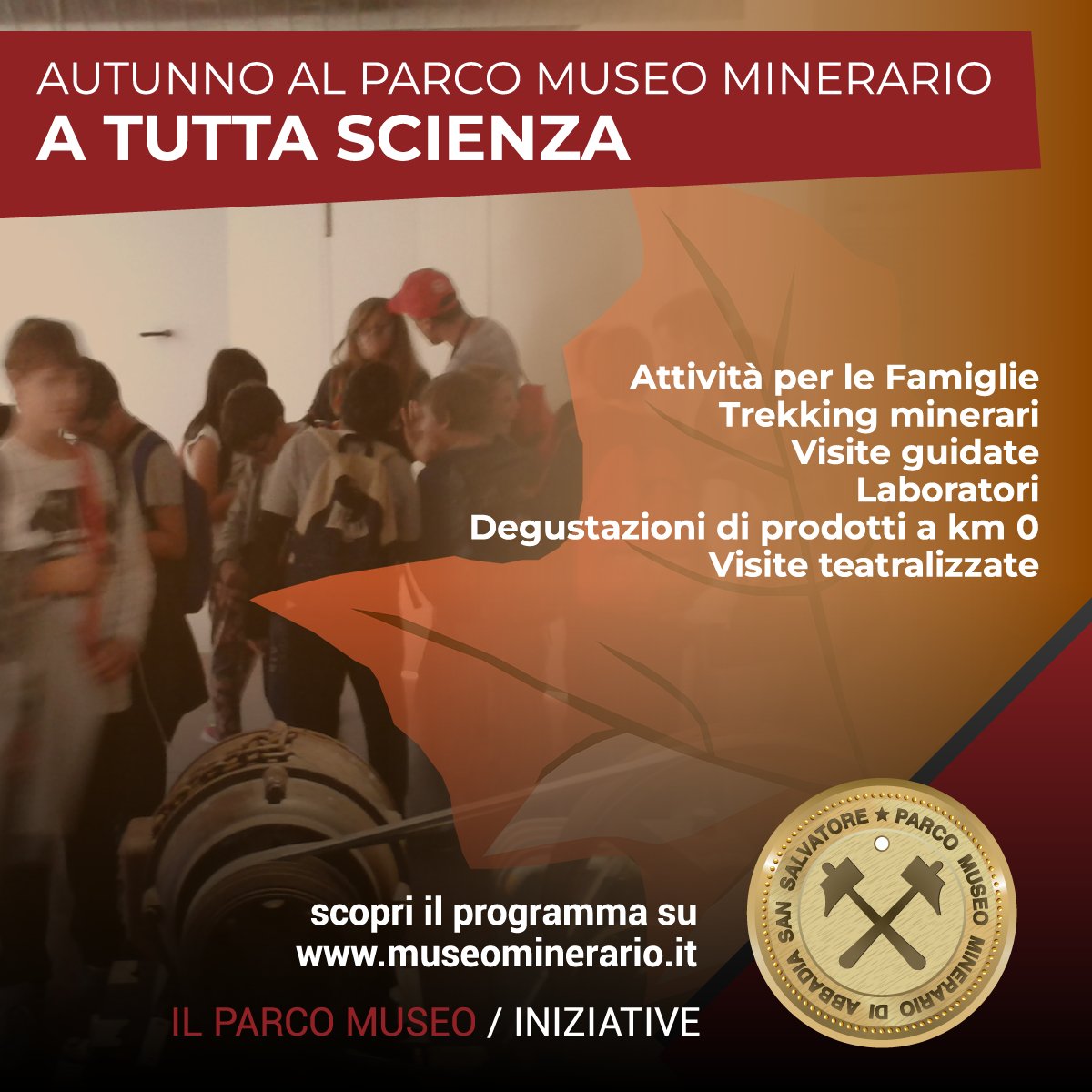 🍂#Autunno al Parco #Museo Minerario
“A tutta #Scienza”: Attività per le Famiglie, Trekking minerari, Visite guidate, Laboratori, Degustazioni di prodotti a km 0, Visite teatralizzate. 
👉Scopri il programma su museominerario.it
#abbadiasansalvatore #miniera #musei