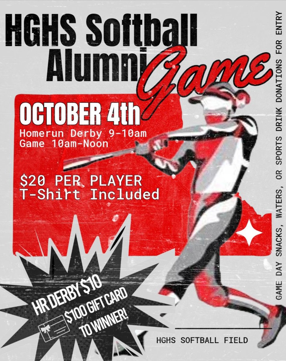 🚨Calling all Alums, friends, and family!

We are excited to host our 1st Annual Alumni Game at HGHS! Please come join us for a fun filled day! 

📍HGHS Softball field
⌚️9-10 am(HR Derby) 10-12 pm (Alumni Game)
🗓️ Oct. 4th
🗡️$20 to participate in the game 
-pscott@mcssk12.org