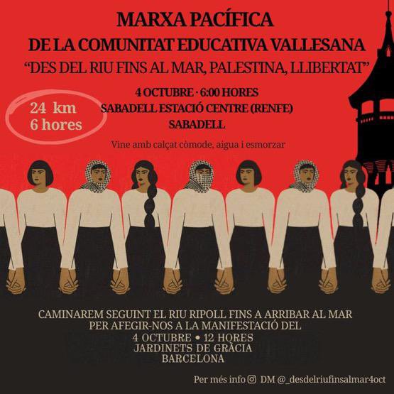 eabCUP's tweet photo. 📣🇵🇸 La comunitat educativa del Vallès ha organitzat una marxa pel riu Ripoll per anar a la manifestació de @Palestina_cat i @proucomplicitat. 

✊ Uneix-te a la marxa i baixem plegades a Barcelona!

📆 Dissabte 4 d’octubre a les 06:40 al Tanatori de Barberà

#MareaPalestina https://t.co/yvkbriDD3j
