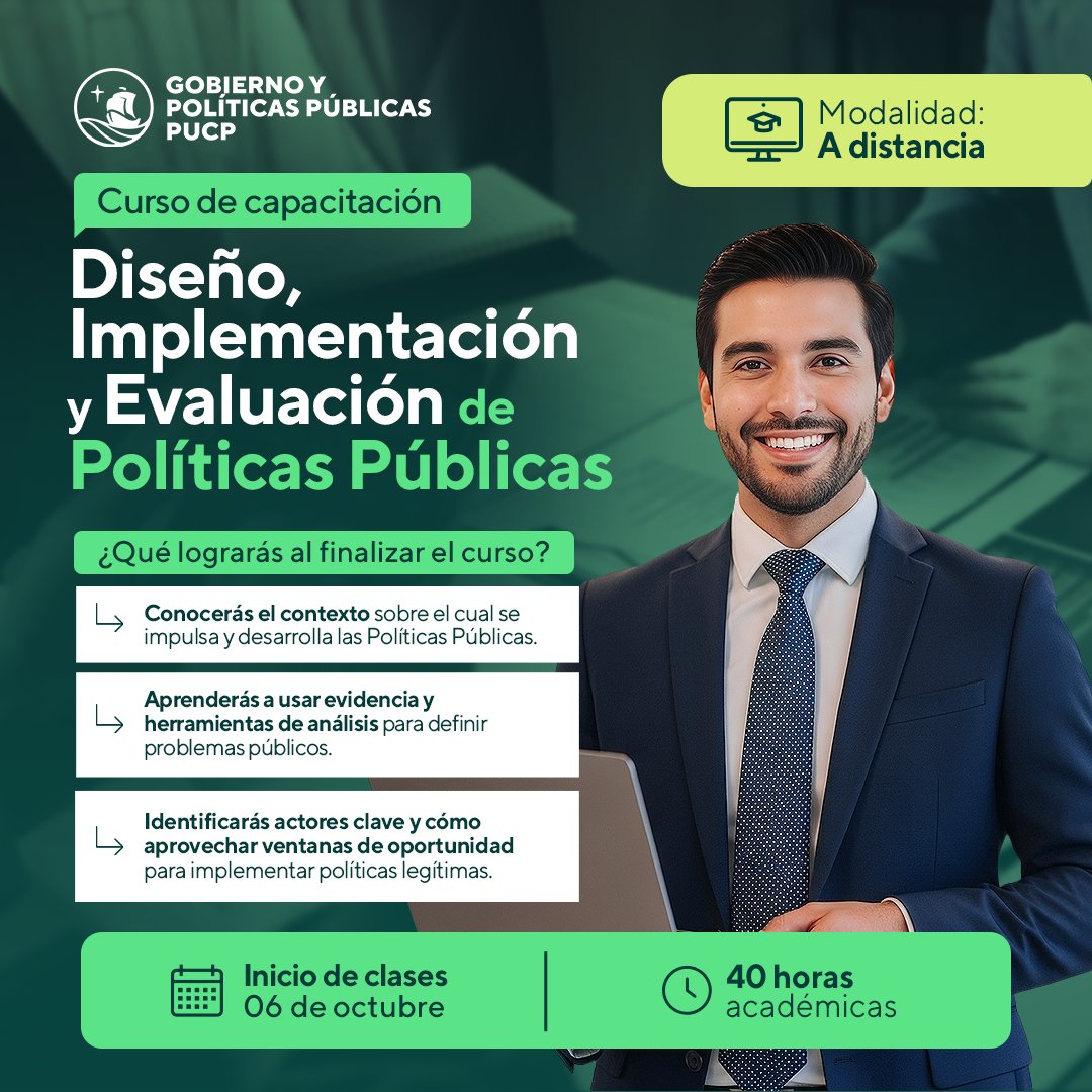 🌍 En tiempos de cambios, las políticas públicas son clave para resolver problemas y garantizar derechos.

📚 Capacítate en Diseño, Implementación y Evaluación de Políticas Públicas.

👉 Inscríbete: wa.link/2xd5mo

#PUCP #PolíticasPúblicas