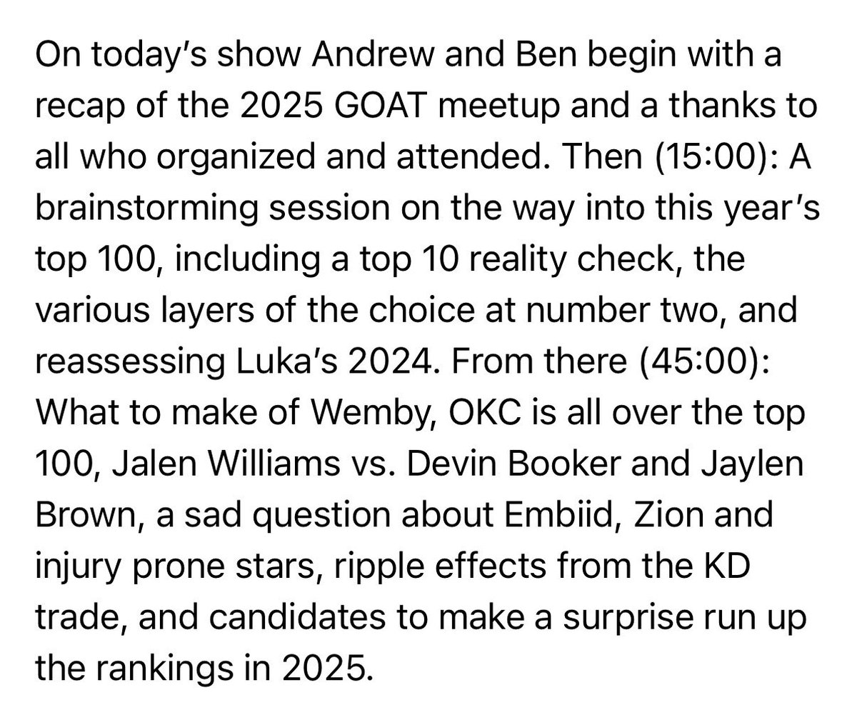 goatnbapod's tweet image. Brainstorming for the 2025 Top 100: A Thinner Top 10, Debates at No. 2, OKC Overload, and Lots More
Preview feed:
podcasts.apple.com/us/podcast/gre…
Subscribe to the show:
greatestofalltalk.com