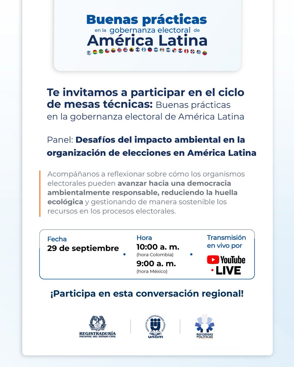 📌| #Agéndate
Este 29 de septiembre continuamos con el ciclo de mesas técnicas "Buenas prácticas en la gobernanza electoral de América Latina"

🌱 Segundo panel: Desafíos del impacto ambiental en la organización de elecciones.

Conéctate en vivo por YouTube Live