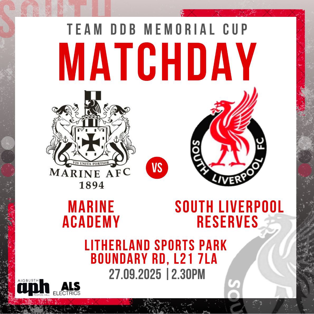 Next round of the DDB Memorial Challenge Cup for us tomorrow against Marine Academy. Come on the South⚪️⚫️🔴

📆 27/09/25
⚽️ Marine Academy 
🏆 DDB Memorial Challenge Cup
⏱️ 14:30
📌 Litherland Sports Centre (4G)