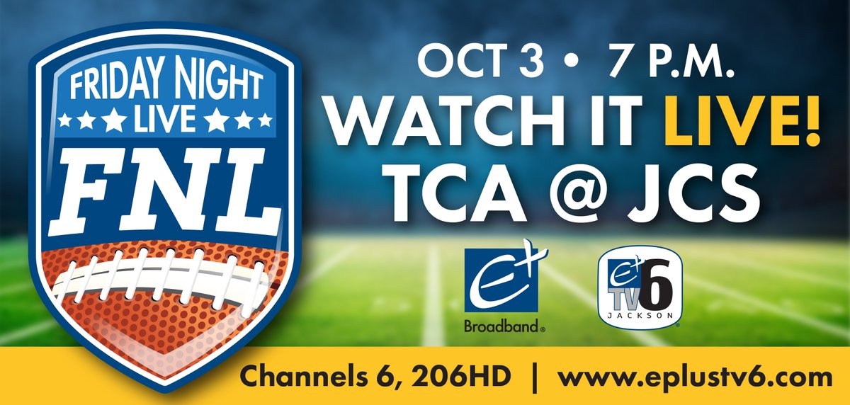 🏈It's Friday Night Live - High School Football tonight!!
Tonight's Game of the Week is TCA@JCS🏈

👀Watch the game LIVE on Channel 6 tonight starting @7:00pm on channels 6, 206 HD.  Or, you can watch "LIVE" online anywhere in the world by going to eplustv6.com
