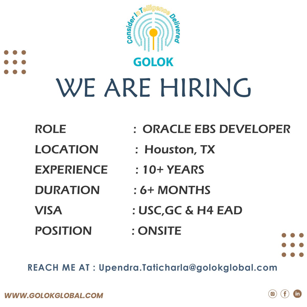 GolokGlobal's tweet image. 📢 We’re Hiring: Oracle EBS Developer
📍 Location: Houston, TX
🕒 Employment Type: Onsite
📩 Apply Now:
Send your resume to Upendra.Taticharla@golokglobal.com
Let’s build something great together! 💼🚀
#hiring #OracleEBS #OracleDeveloper #EBSJobs #OracleCareers #ERPDeveloper