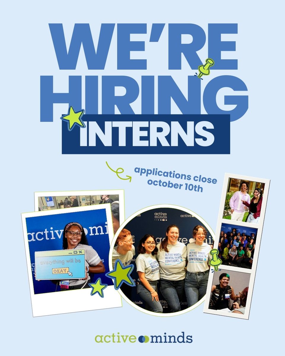 Active_Minds's tweet image. Applications for our Spring 2026 internship are open! 🎉 This is for current college students and recent grads who are passionate about changing the culture around mental health. Applications close Oct. 10th. Apply today: activeminds.org/internships