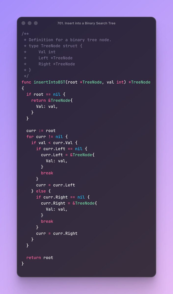 raphael_tannous's tweet image. Today, I learnt what is a binary search tree (BST), and I solved 701. Insert into a Binary Search Tree on LeetCode, using Go!
You can find out more about what is a binary search tree in the following Wikipedia page
🔗 en.wikipedia.org/wiki/Binary_se…
#100DaysOfLeetCode – #Day26 Done!