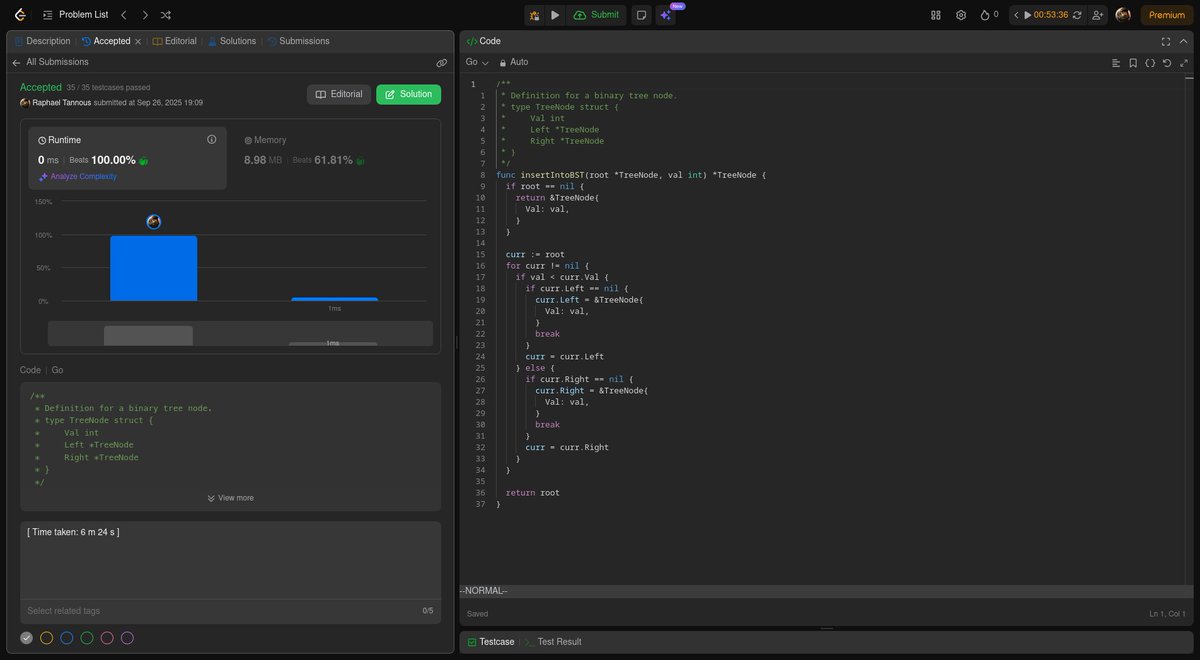 raphael_tannous's tweet image. Today, I learnt what is a binary search tree (BST), and I solved 701. Insert into a Binary Search Tree on LeetCode, using Go!
You can find out more about what is a binary search tree in the following Wikipedia page
🔗 en.wikipedia.org/wiki/Binary_se…
#100DaysOfLeetCode – #Day26 Done!