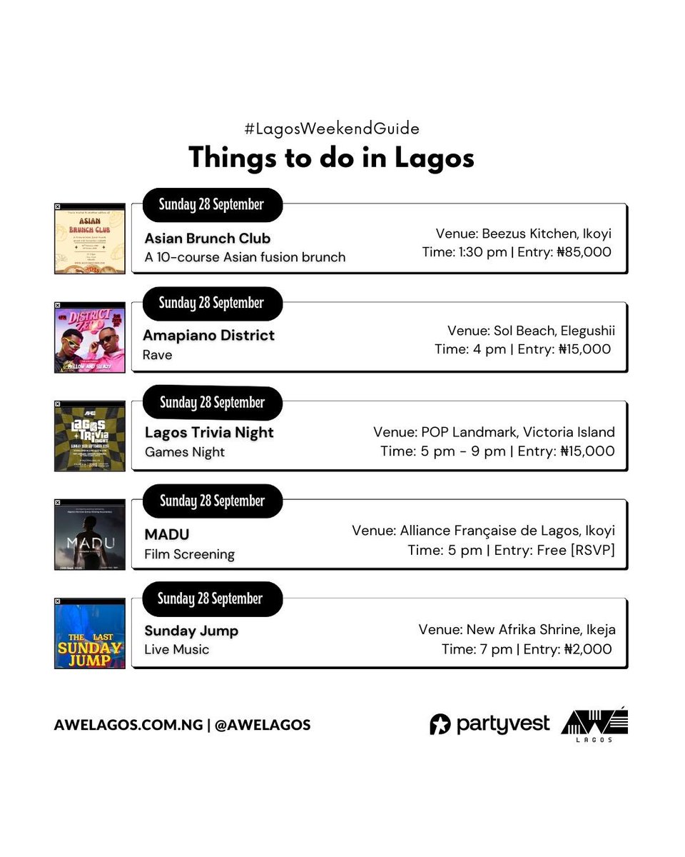No weekend plans yet? Let’s fix that 💫 

Things to Do in Lagos This Weekend [Friday 26 – Sunday 28 September 2025] ✨

From the Street Souk Night Market and indie film screenings, to Beezus Kitchen’s 10-course Asian fusion brunch, and our very own Lagos Trivia Night — there’s