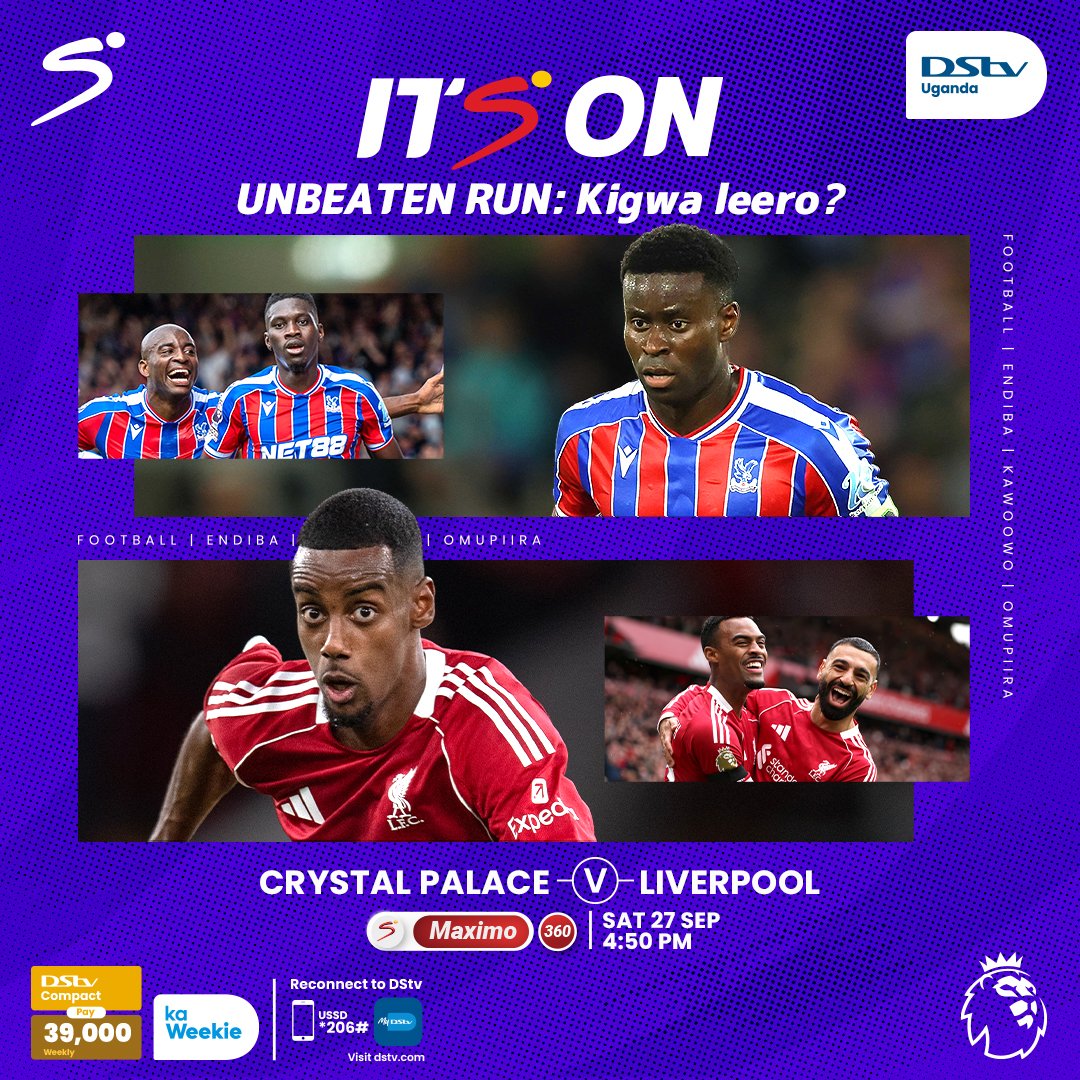 DStvUganda's tweet photo. The Eagles defend Selhurst Park as Liverpool come hunting for three points. 🦅🔥
Experience every moment of this showdown live on #SSMaximo, CH. 360 at 4:50pm.
#SeasonEwoome https://t.co/dmzQpwn4V5