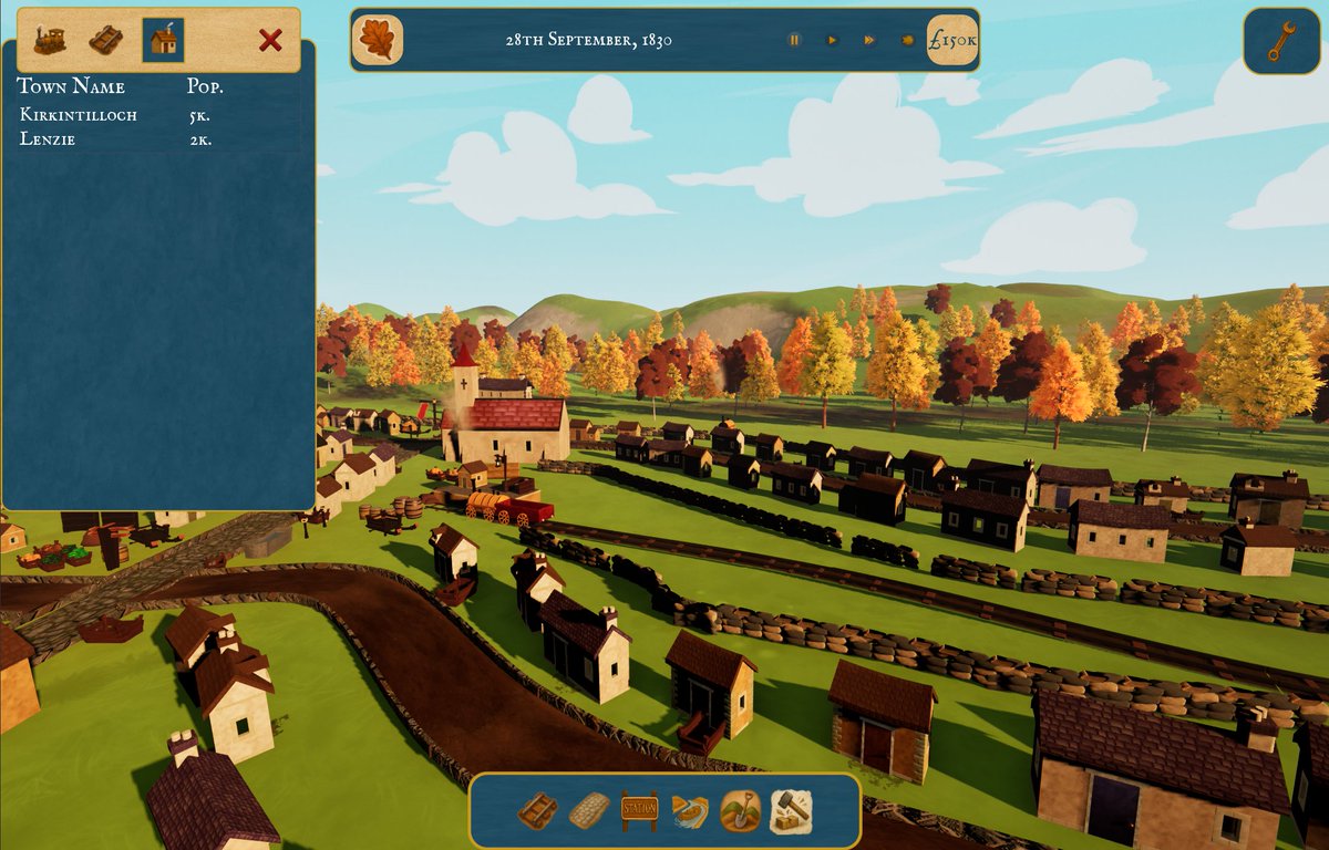 Starting to shape up the core UI and town system in the new game. Panel collapses when not in use; trains now arriving in towns. Still WIP, but coming together.
#indiegames #IndieGameDev #RailSim 

flaghippo.uk/2025/09/26/dev…