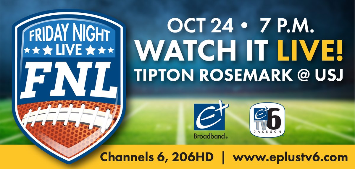 🏈It's Friday Night Live - High School Football tonight!!
Tonight's Game of the Week is Tipton Rosemark @ USJ 

👀Watch the game LIVE on Channel 6,206 HD. tonight starting @7:00pm. Or, you can watch "LIVE" online anywhere in the world by going to eplustv6.com