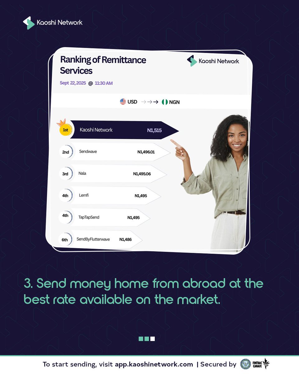 Send Smarter, Not Harder! 💸✨ 

Let Kaoshi Network handle your international money transfers to 30+ countries and enjoy the best rates, lowest fees, and total transparency! 💯 

Visit KaoshiNetwork.com now.