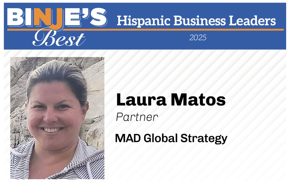 Please join us in congratulating <a href="/lauraematos/">Laura Matos</a> on being recognized by <a href="/BINJENEWS/">BINJE</a> as one of NJ's Best Hispanic Business Leaders 2025!

Beyond her leadership at MAD Global, Laura serves as President of <a href="/LatinaCivicPAC/">Latina Civic PAC</a> &amp; as a Board Member of <a href="/LatinaCivicAct/">Latina Civic Action</a>.

Congratulations, Laura!