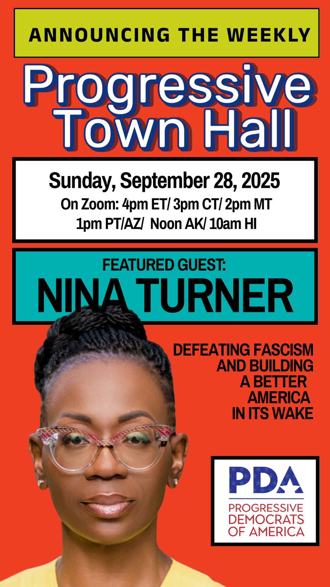 PDA Progressive Town Hall
Sunday September 28, 2025
4pm ET / 3pm CT / 1pm PT
Join us on Zoom - RSVP now!

Guest: Nina Turner
<a href="/ninaturner/">Nina Turner</a> 
pdamerica.org/sunday-town-ha…