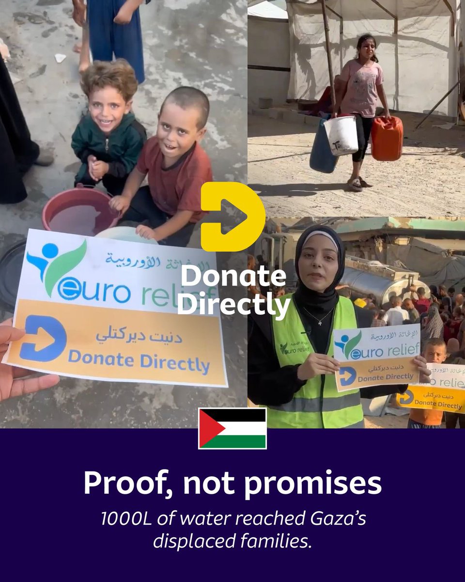 Donate_Directly's tweet image. Proof, not promises.

💧 1,000’s of litres of clean water delivered directly to Gaza’s displaced families every single day.

✂️ No middlemen. No delays. Just life-saving water in their hands.

👉 Keep it flowing: shop.donatedirectly.com/products/water…

#ProofNotPromises #DonateDirectly #Gaza
