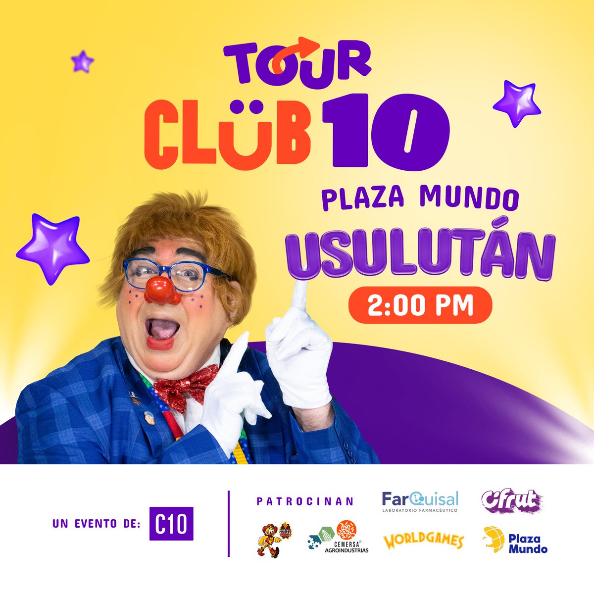¡Nos encontramos mañana en <a href="/PlazaMundo_/">@plazamundo_</a> Usulután con #TourClub10!🤩

La diversión llega acompañada de muchas dinámicas y premios en compañía de <a href="/pildorines/">Pildorin el Payaso</a>. ¡No te lo puedes perder!🥳