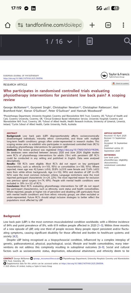 George McNamee (@georgemcnamee) on Twitter photo 📢 Just published 📢
We are delighted to share our scoping review exploring who participates in RCTs evaluating physiotherapy interventions for persistent LBP.
Open access for the first 50 downloads:
tandfonline.com/eprint/H2IHP26…
<a href="/gsingh1902/">Gurpreet Singh</a> <a href="/ChrisNewtonPT/">Chris Newton</a> <a href="/PeteOSullivanPT/">Peter O'Sullivan</a> 📢 Just published 📢
We are delighted to share our scoping review exploring who participates in RCTs evaluating physiotherapy interventions for persistent LBP.
Open access for the first 50 downloads:
tandfonline.com/eprint/H2IHP26…
<a href="/gsingh1902/">Gurpreet Singh</a> <a href="/ChrisNewtonPT/">Chris Newton</a> <a href="/PeteOSullivanPT/">Peter O'Sullivan</a>