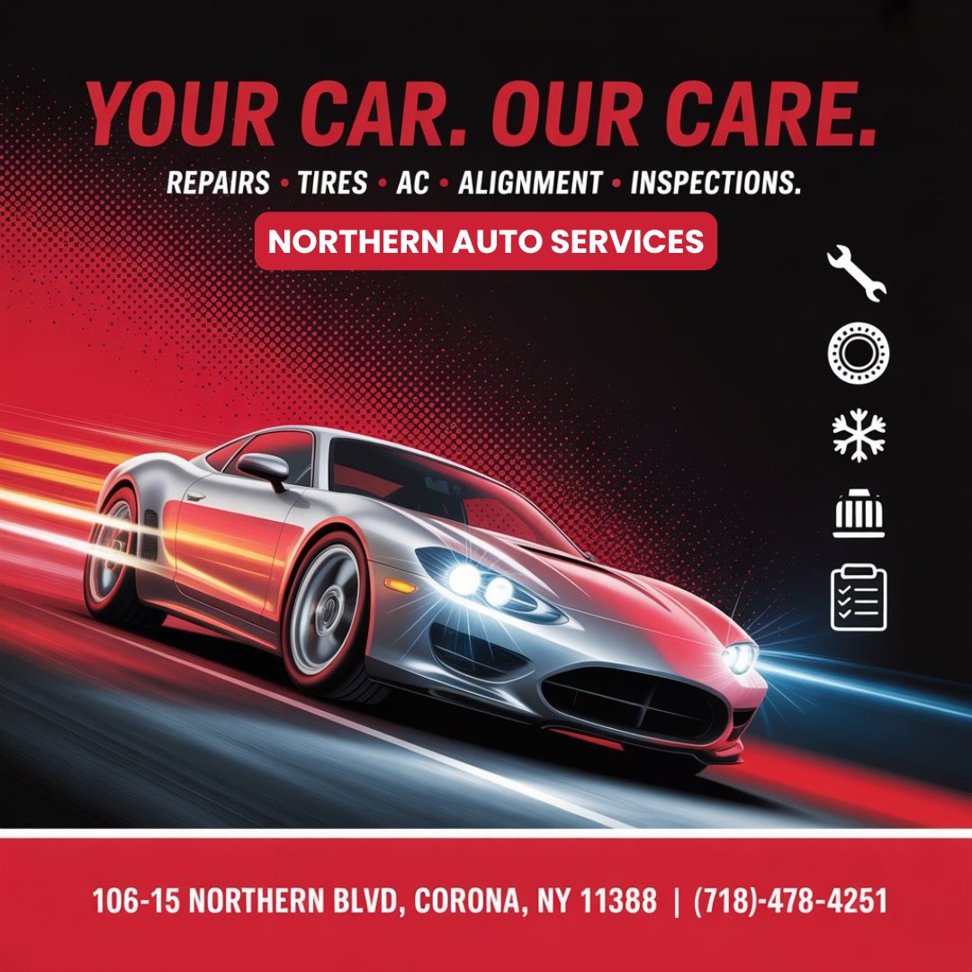 nothernauto's tweet image. Fast. Reliable. Complete Care.
At Northern Auto Services Inc, we keep your car running at its best — without delays and without compromise. 
📍 106-15 Northern Blvd, Corona, NY 11368
📞 (718)-478-4251

#NorthernAuto #FastReliableService #CoronaNY #AutoRepair #TireServices