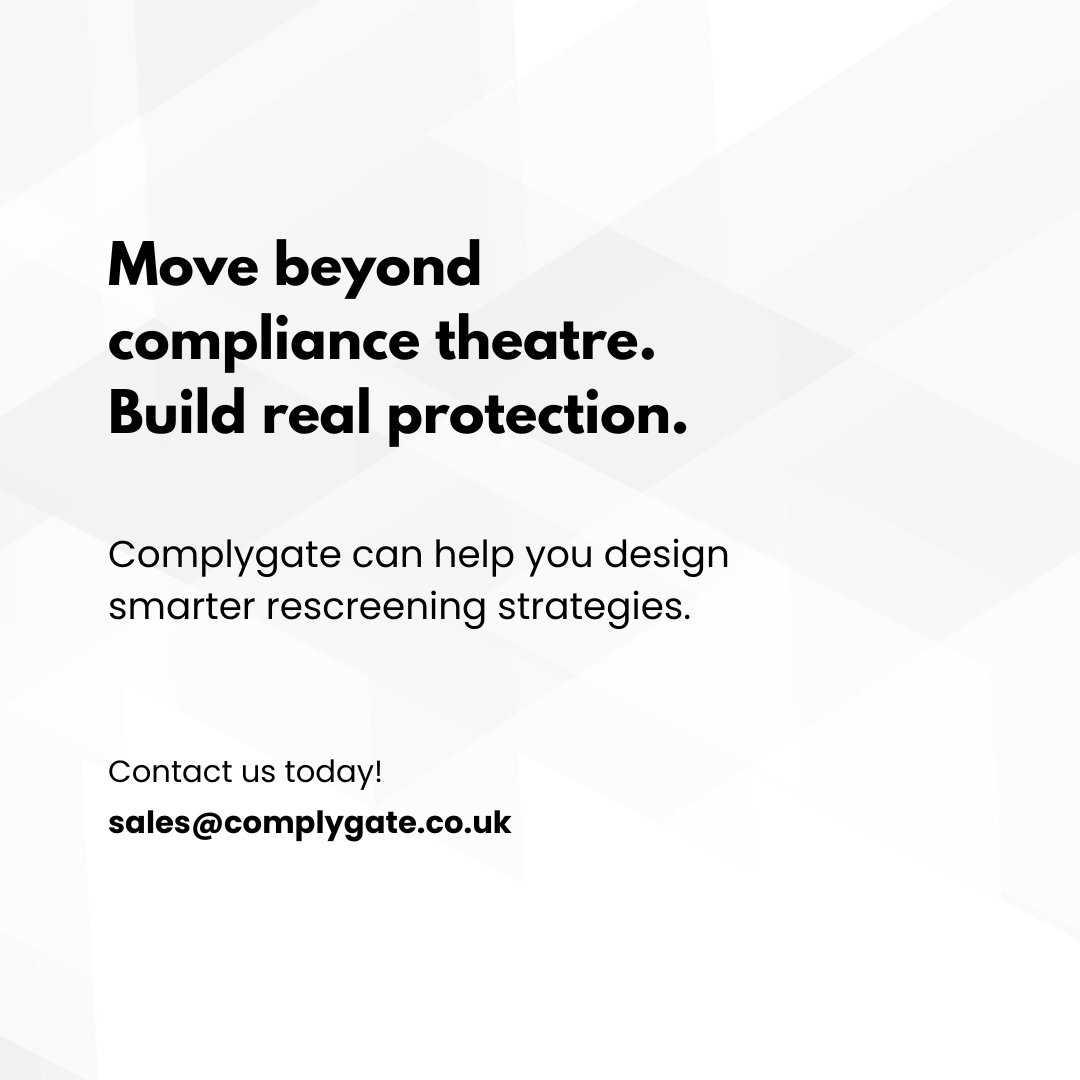Complygate_'s tweet image. Compliance theatre looks good on paper, but it doesn’t protect your business.
The truth? Rescreening isn’t about mistrust.
It’s about making sure the trust you place in employees remains well-founded.
Contact us today. complygate.co.uk/contact

#BackgroundChecks #Compliance #Risk