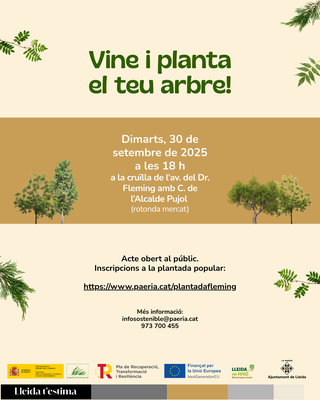 La Paeria inicia la campanya de plantacions d’arbrat amb un acte popular el dimarts 30/09 a la renaturalització de l’avinguda del Doctor Fleming.
A Lleida s'han plantat més de 2000 arbres en els darrers 2 anys i en aquesta campanya es preveuen uns 850.

🌳 paeria.cat/ca/actualitat/…