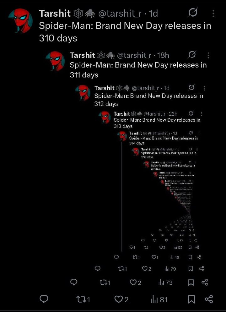 Tarshit 🕸️🕷️ (@tarshit_r) on Twitter photo Spider-Man: Brand New Day releases in 309 days Spider-Man: Brand New Day releases in 309 days