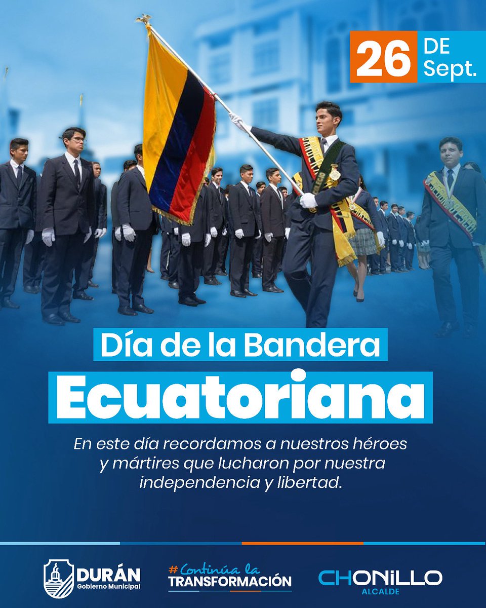 Gobierno Municipal de Durán (@gobiernodeduran) on Twitter photo En el #DiaDeLaBandera, desde la Alcaldía reafirmamos nuestro compromiso con la memoria histórica y con el fortalecimiento de nuestros valores cívicos. Somos una administración que edifica el alma de la ciudad, valora su historia, honra sus símbolos y promueve el civismo. En el #DiaDeLaBandera, desde la Alcaldía reafirmamos nuestro compromiso con la memoria histórica y con el fortalecimiento de nuestros valores cívicos. Somos una administración que edifica el alma de la ciudad, valora su historia, honra sus símbolos y promueve el civismo.