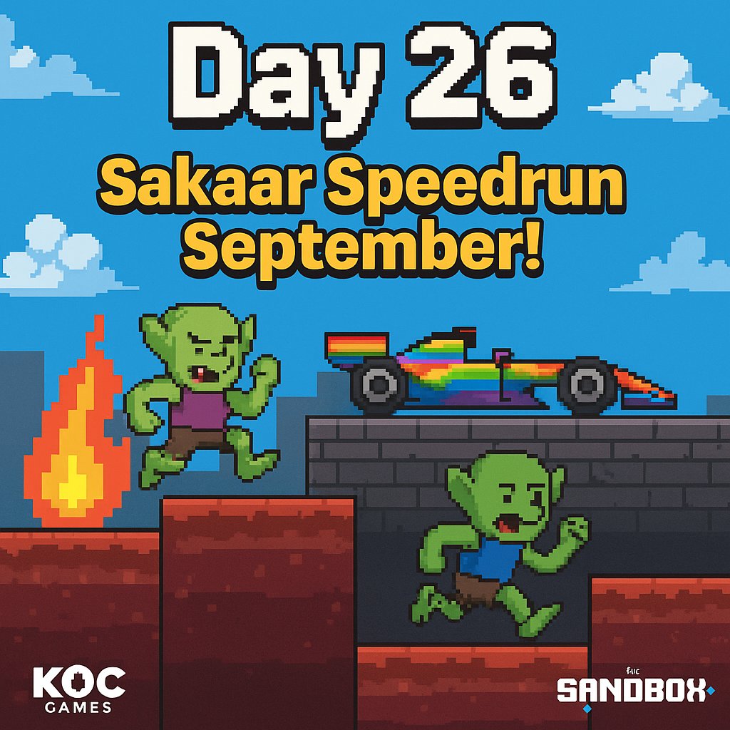 Day 26 – Sakaar Speedrun September!
Ends Sept 30
3 games. 930SAND. Bonus quests +1 SAND each 

CrystalRun👉tinyurl.com/TheGreatCrysta…
PakPak👉tinyurl.com/PakPakHopHop
MegaCityPvP👉tinyurl.com/Mega-City-PVP-…
📖medium.com/@kocgames
💬discord.gg/KumVbqrgGD

#SakaarSeptember #KOCGames