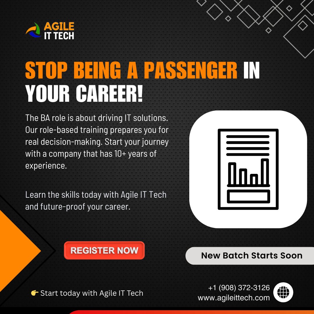 agileittech's tweet image. 𝐒𝐭𝐨𝐩 𝐛𝐞𝐢𝐧𝐠 𝐚 𝐩𝐚𝐬𝐬𝐞𝐧𝐠𝐞𝐫 𝐢𝐧 𝐲𝐨𝐮𝐫 𝐜𝐚𝐫𝐞𝐞𝐫!
The BA role is about driving IT solutions. Our role-based training prepares you for real decision-making.
Visit our website:- 𝐰𝐰𝐰.𝐚𝐠𝐢𝐥𝐞𝐢𝐭𝐭𝐞𝐜𝐡.𝐜𝐨𝐦
#businessanalystcourse #agileittech