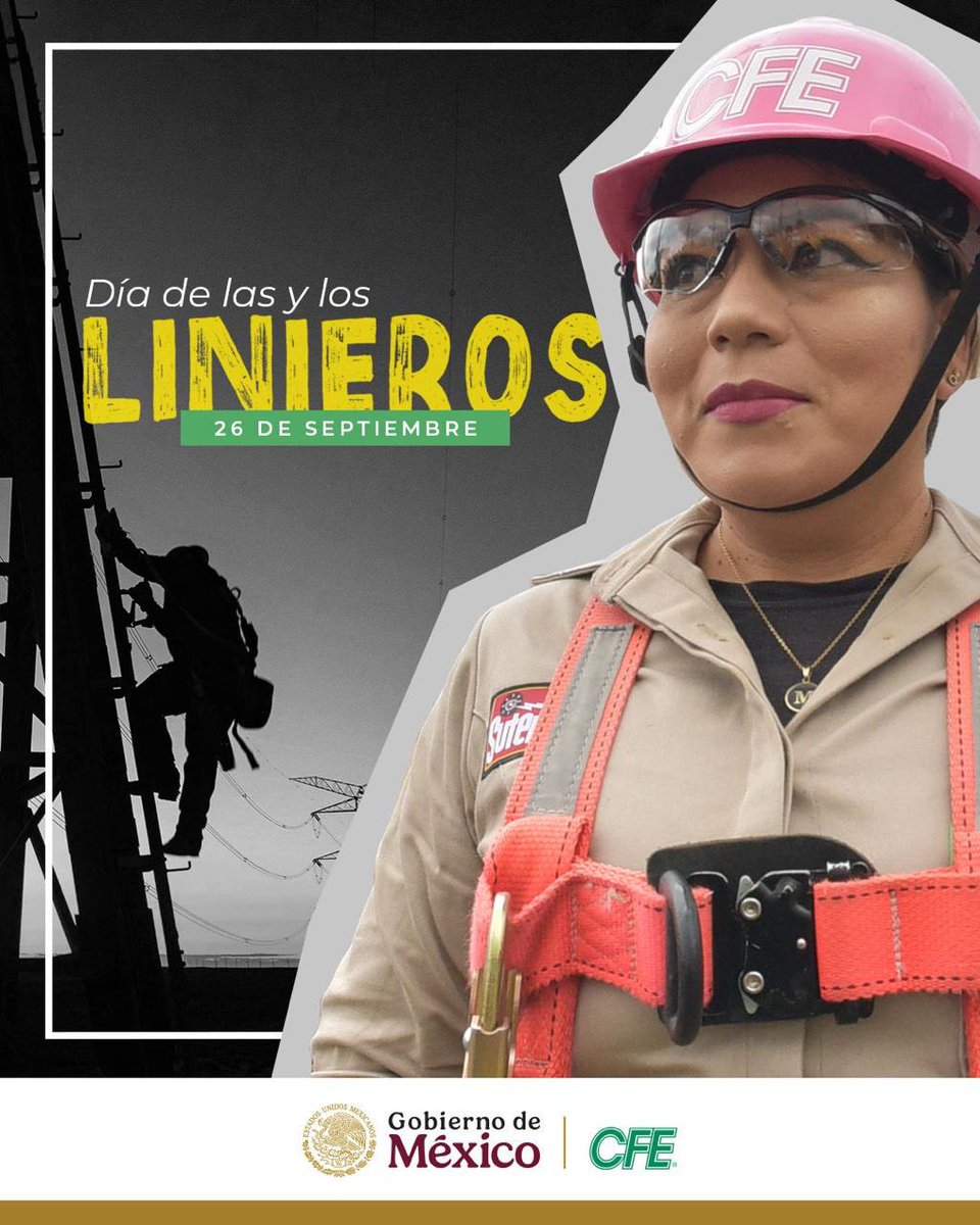 CFEmx's tweet photo. 👷♀️👷♂️Con su entrega y valentía, hacen posible que la energía llegue de manera segura y confiable a millones de hogares, escuelas, hospitales y comunidades en todo México.
Su trabajo es la fuerza que mueve al país. 💚
#OrgulloCFE #DíadelLiniero #EfeméridesCFE https://t.co/SnJrpCnGvf