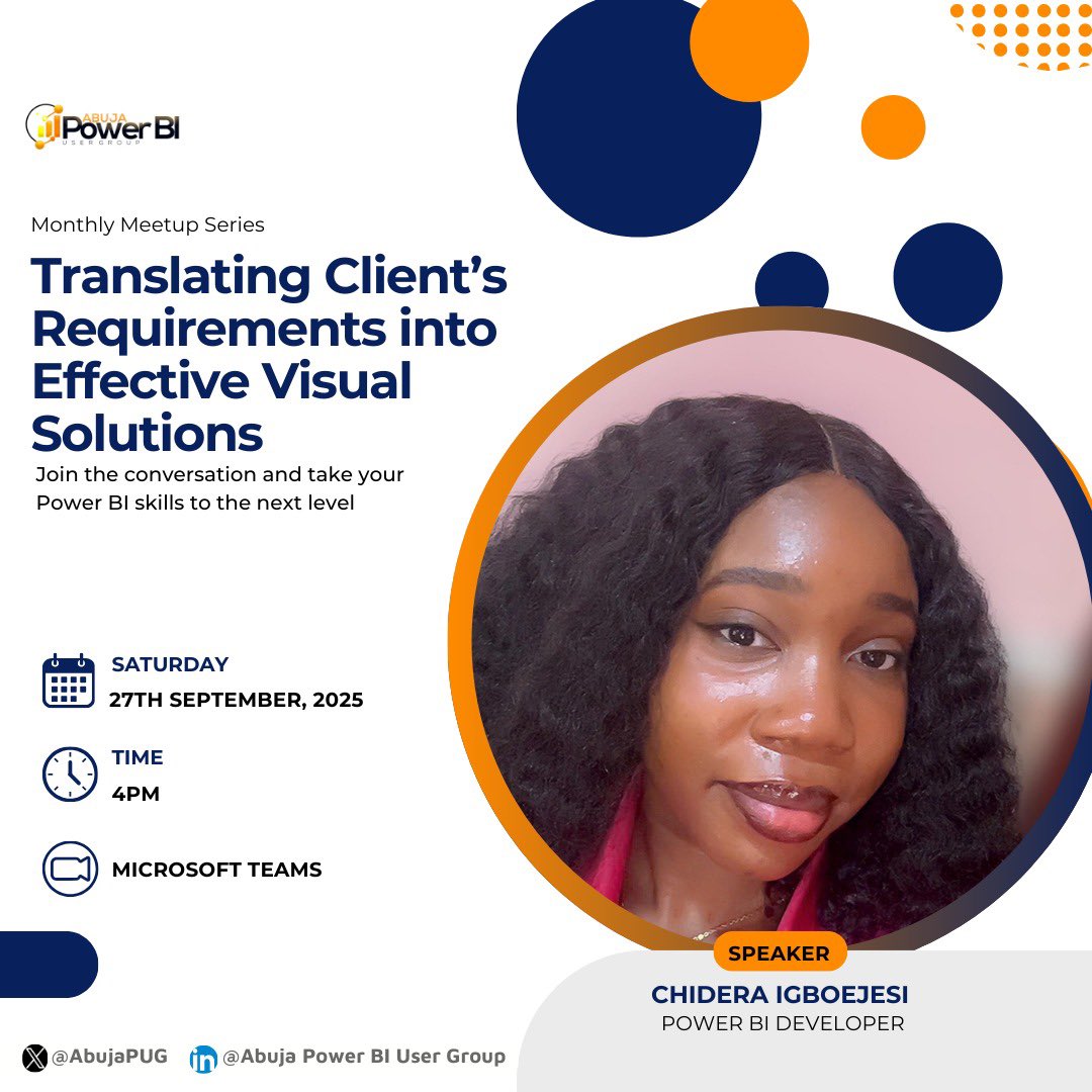 📢 Happening tomorrow at 4 PM (WAT)!
Don’t miss it - secure your free spot 👇
🔗 Register here: bit.ly/3Ix4366

Platform: Microsoft Teams 
Hosted by <a href="/AbujaPUG/">Abuja Power BI User Group</a> 
#datafam