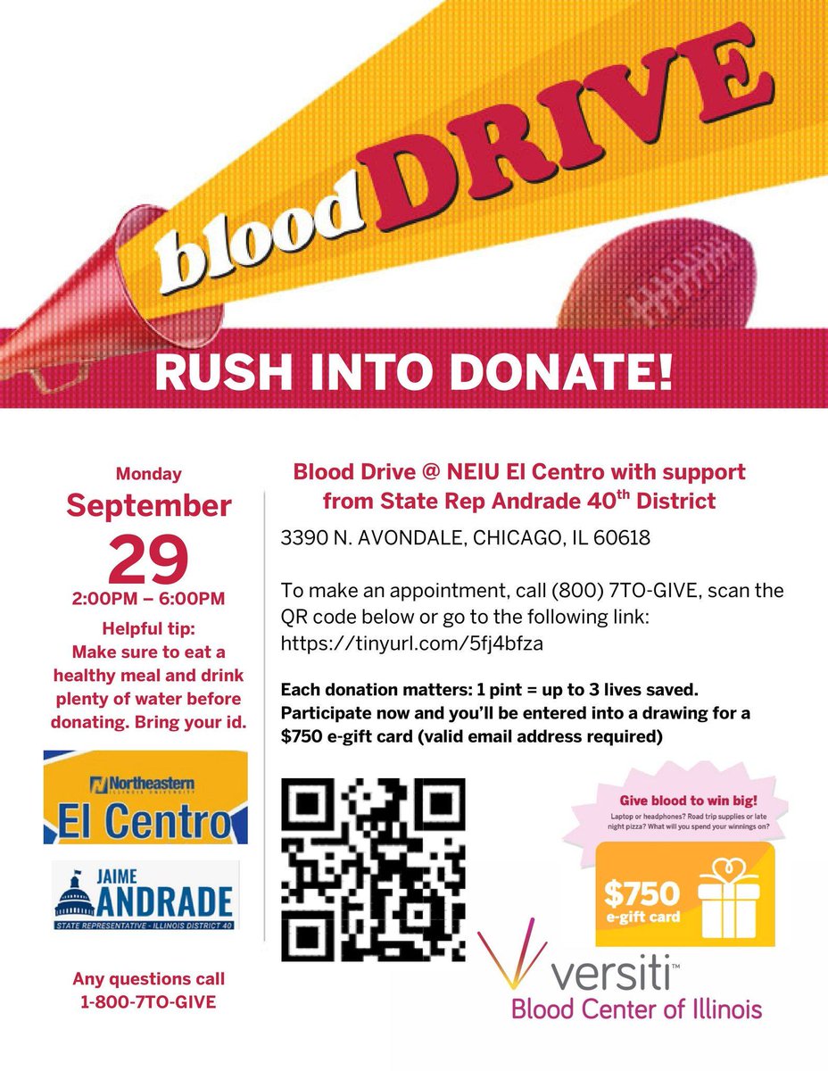 RepAndrade40's tweet image. Join us for a blood drive
Call 800 7TO-GIVE to make your appointment
Monday, September 29
2p-6p
NEIU El Centro
3390 N. Avondale