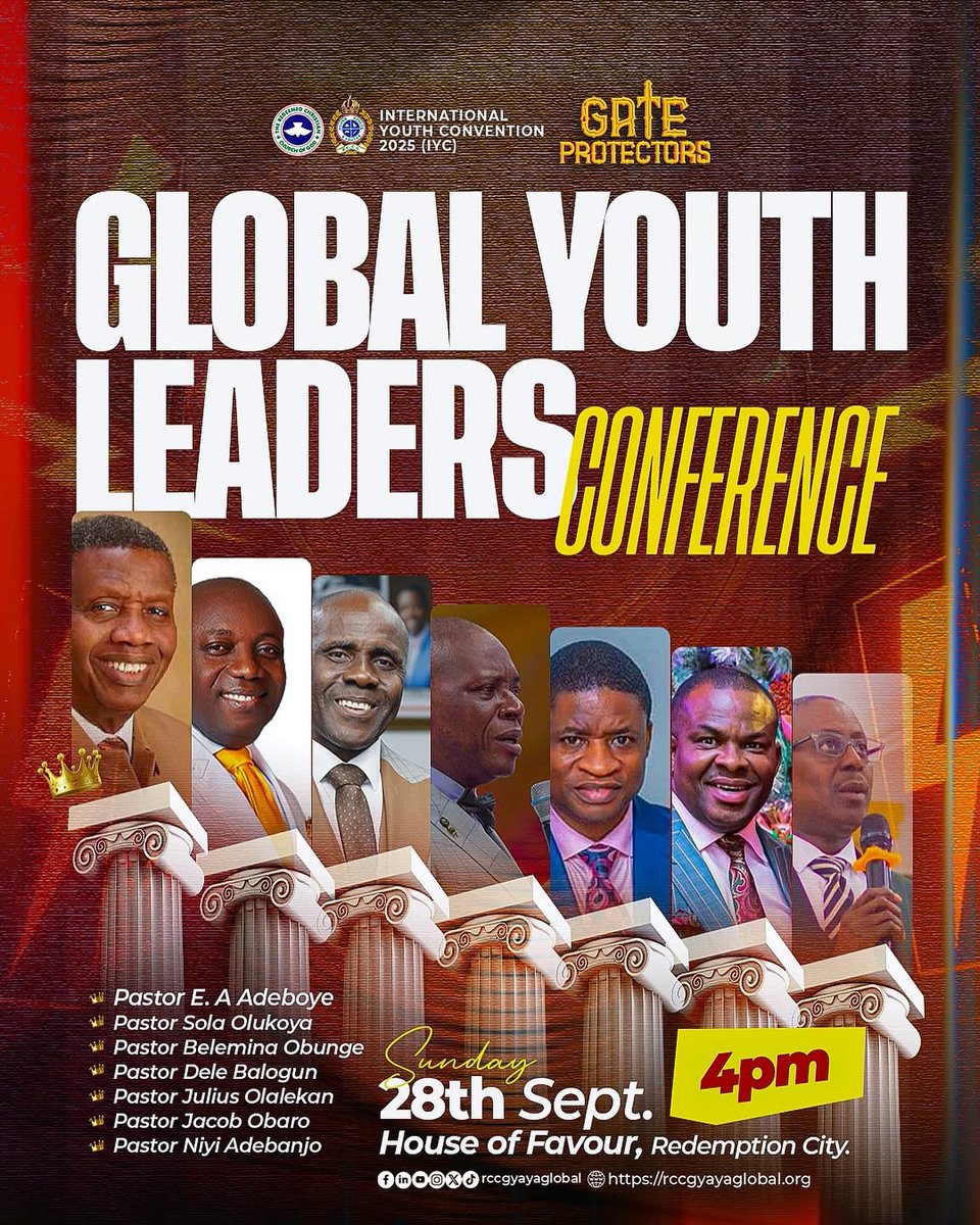 VictoryTvNet's tweet image. Attention All Youth Leaders!

The RCCG International Youth Convention 2025 is here, but before the main event, is the RCCGIYC2025 Leadership Conference!

📅 Date: Sunday, 28th September 2025
🕓 Time: 4:00PM
📍 Venue: House of Favour, Redemption city.