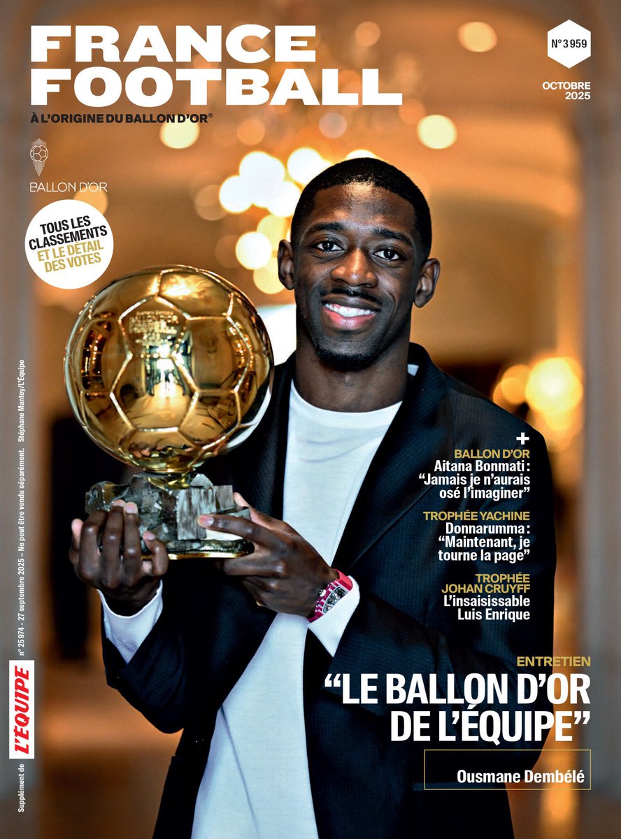 Ousmane Dembélé 🇫🇷 Ballon d’Or 🌕 fait la UNE de France Football ce samedi. 🗞️