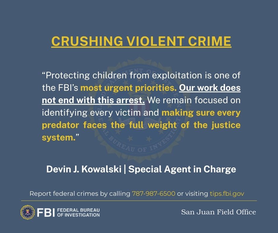 🚨NEWS ALERT🚨As a result of an FBI investigation, a 27-year-old man was arrested and charged for child exploitation. The FBI stands firm in the fight to protect our children. If you or anyone you know has been a victim of a federal crime or have information of the sexual
