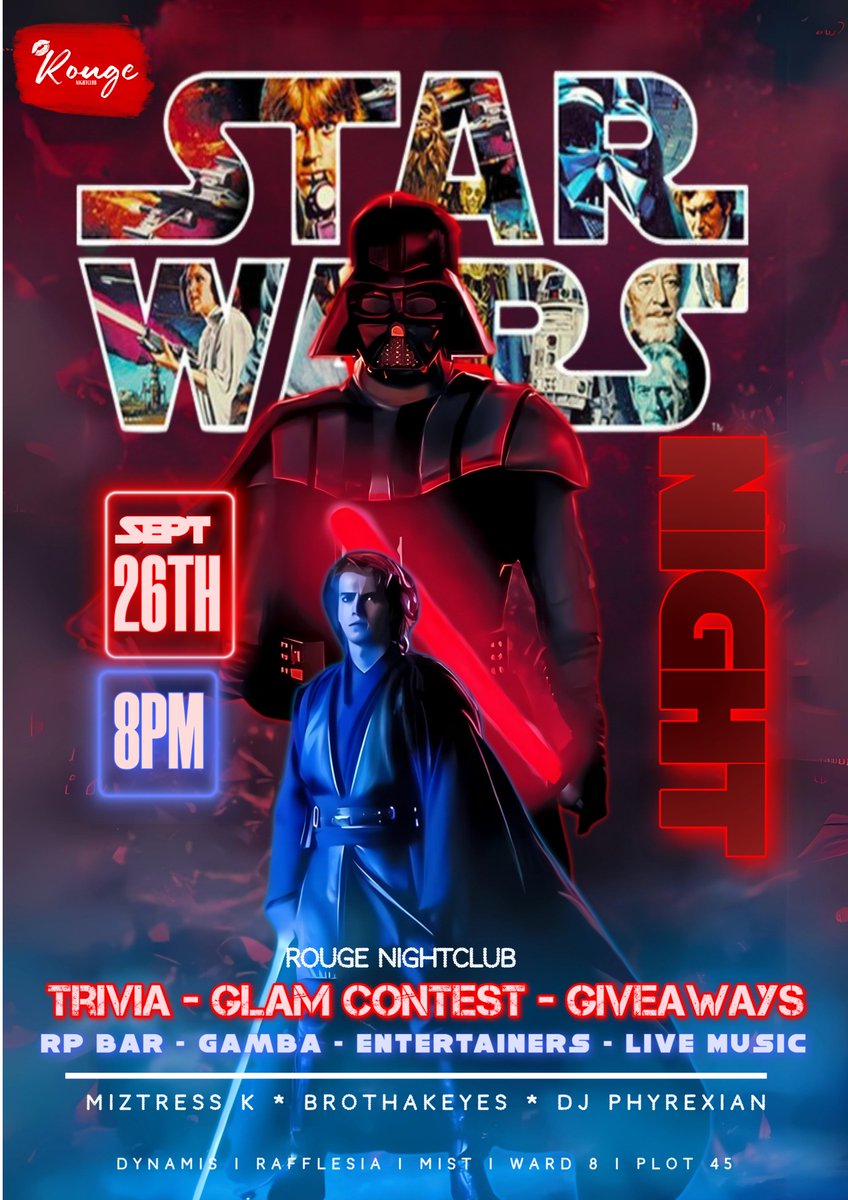 ✨ STAR WARS NIGHT @ Rouge! ✨
📍 Dynamis–Rafflesia–Mist W8P45 | 🗓️ Fri 9/26, 8PM EST

DJs, courtesans, gamba, 10M trivia, 5M glam contest, raffles &amp; giveaways. Jedi, Sith, bounty hunters—choose your side &amp; outdance the cantina band! 🌌

#rougenightclub #ffxiv #starwars #trivia