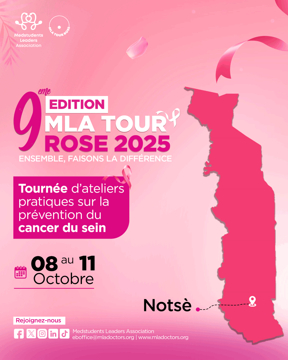 C’est officiel : la 9ème édition du #MlaTourRose2025 aura lieu à Notsè du 08 au 11 octobre 2025 !
Prévenir, c’est déjà sauver. 
Nous croyons qu’ensemble, avec plus de vigilance, de formation  nous pouvons réduire les risques et offrir à nos communautés un avenir plus sain.