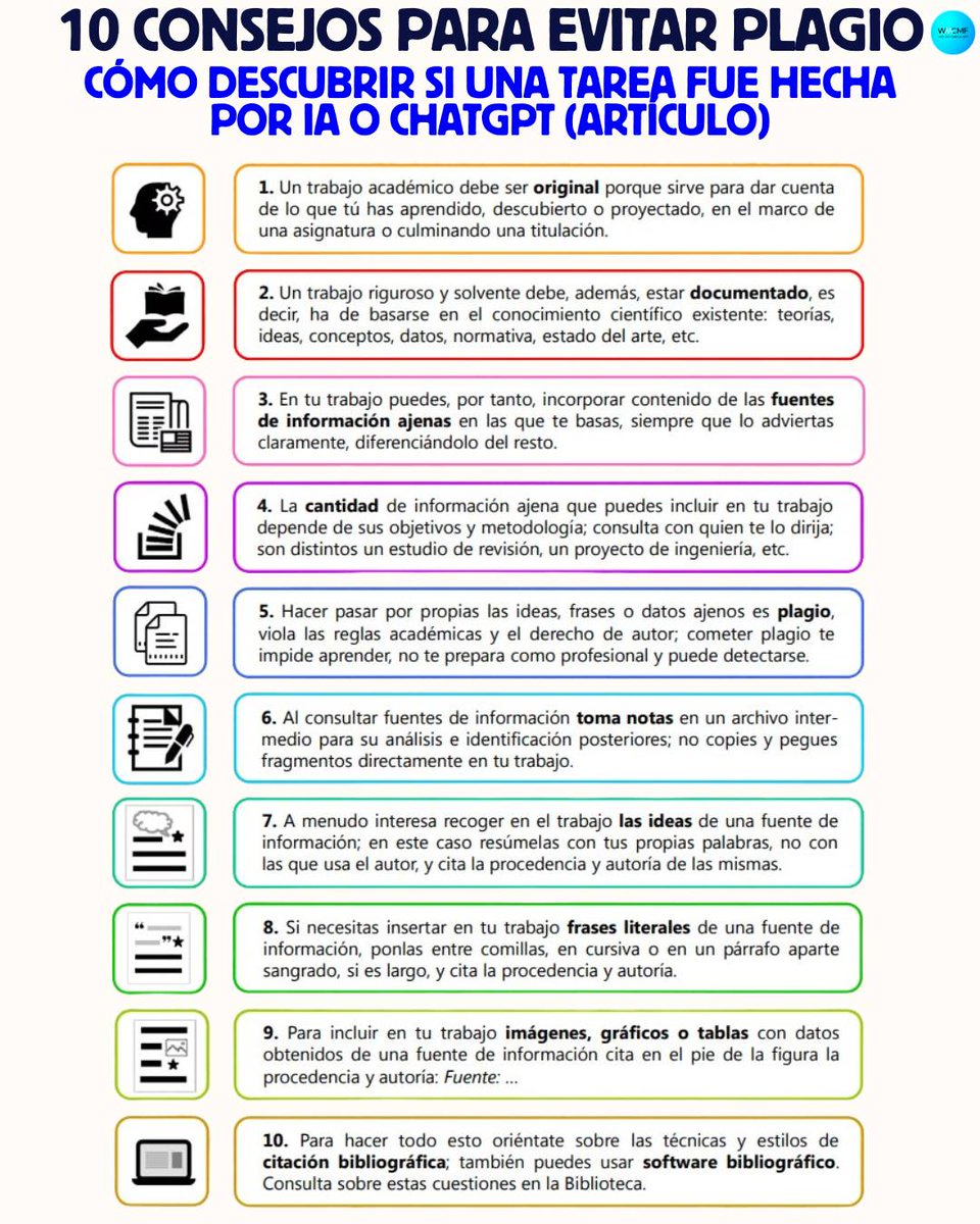 netlearning20's tweet image. 🤖📚 ¿Cómo saber si una tarea fue hecha con IA o #ChatGPT? Esta infografía ofrece 10 consejos para evitar el plagio y fomentar el uso responsable de las fuentes.
👉 webdelmaestrocmf.com/portal/como-el…
vía @webdelmaestro 

#IA #recursos #docentes